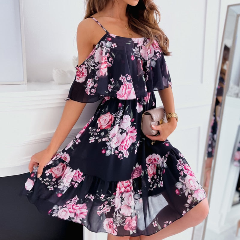 Spaghetti Strap Holiday Floral Print Women Dresses Fashion Off Shoulder Sundress Elegant Chiffon