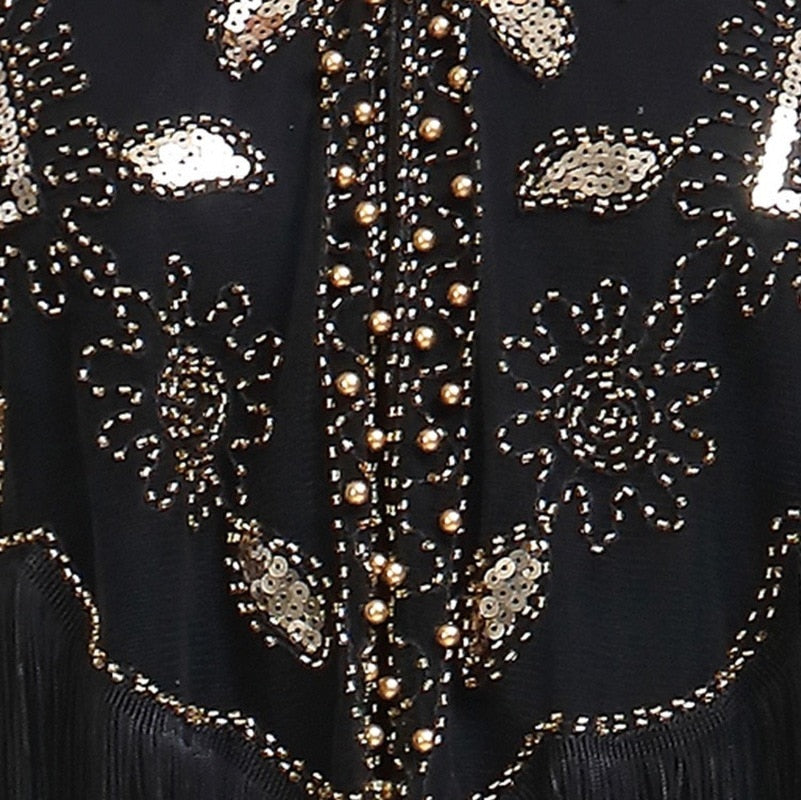 Women 1920s Sequined Shawl with Tassels Beaded Pearl Fringe Sheer Mesh Wraps