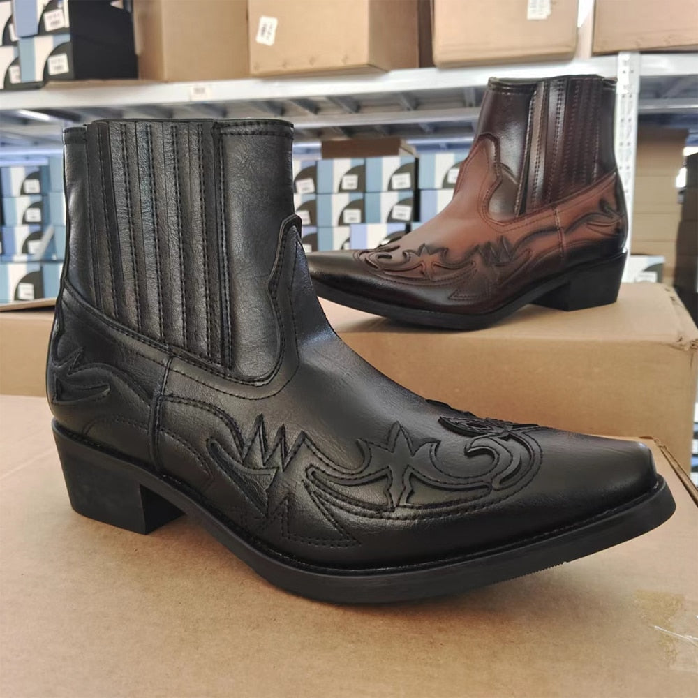 Unisex Pu Leather Boots Western Cowboy Boots Embroidery Design Pointed Shoes Ankle Boots