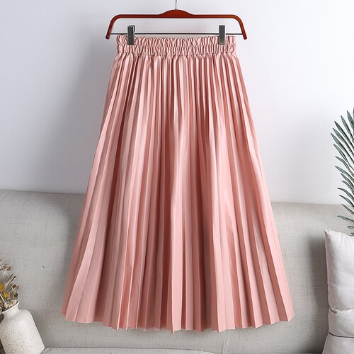 Elegant Umbrella Midi Skirt Faux PU Leather Pleated Skirts