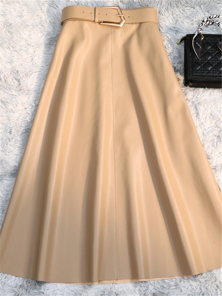 Faux PU Leather Women Long Skirts with Belted High Waist Umbrella Skirt