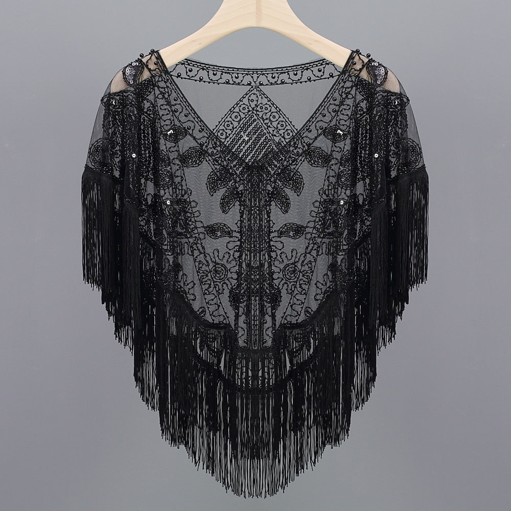 Women 1920s Sequined Shawl with Tassels Beaded Pearl Fringe Sheer Mesh Wraps
