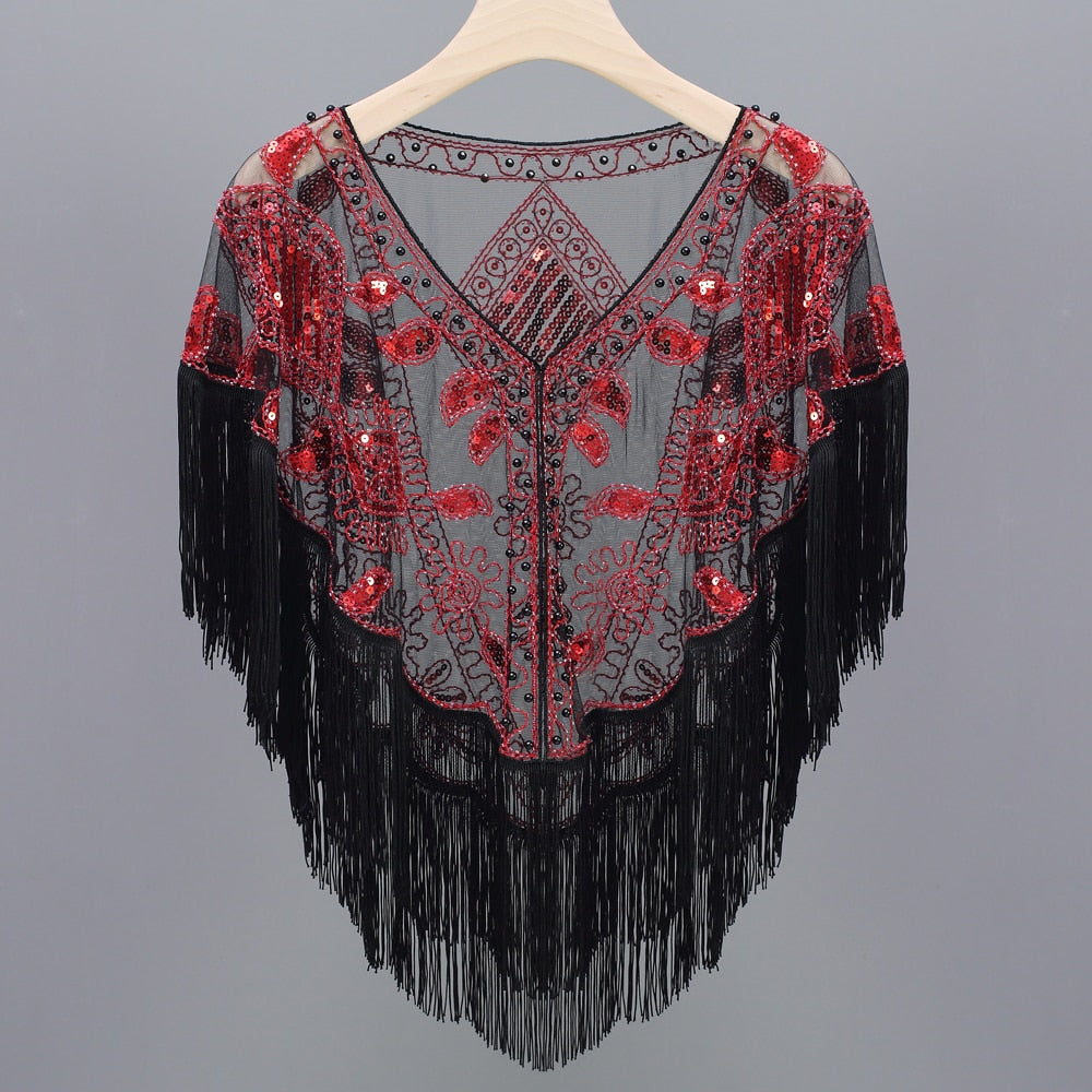 Women 1920s Sequined Shawl with Tassels Beaded Pearl Fringe Sheer Mesh Wraps