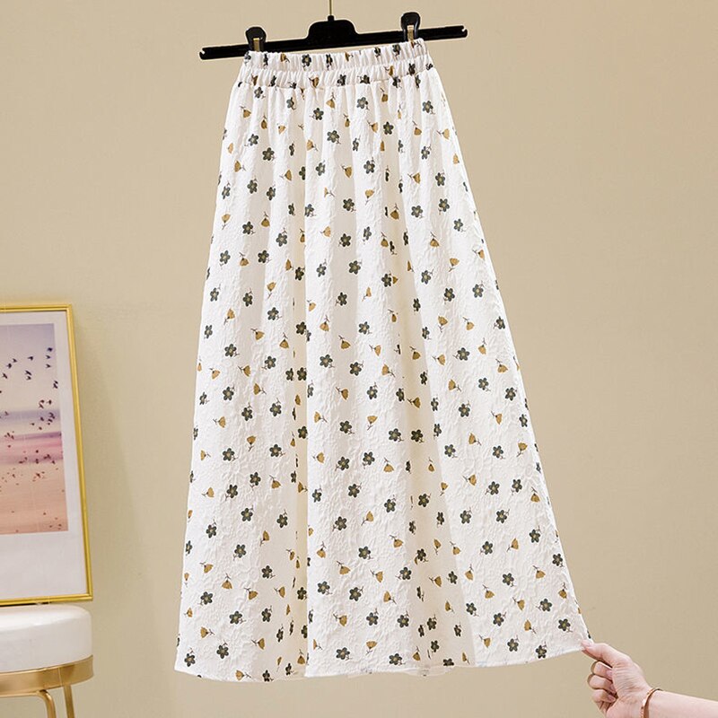Relief Sculpture Floral Mid-length Elastic Waist Printing A-line Skirts