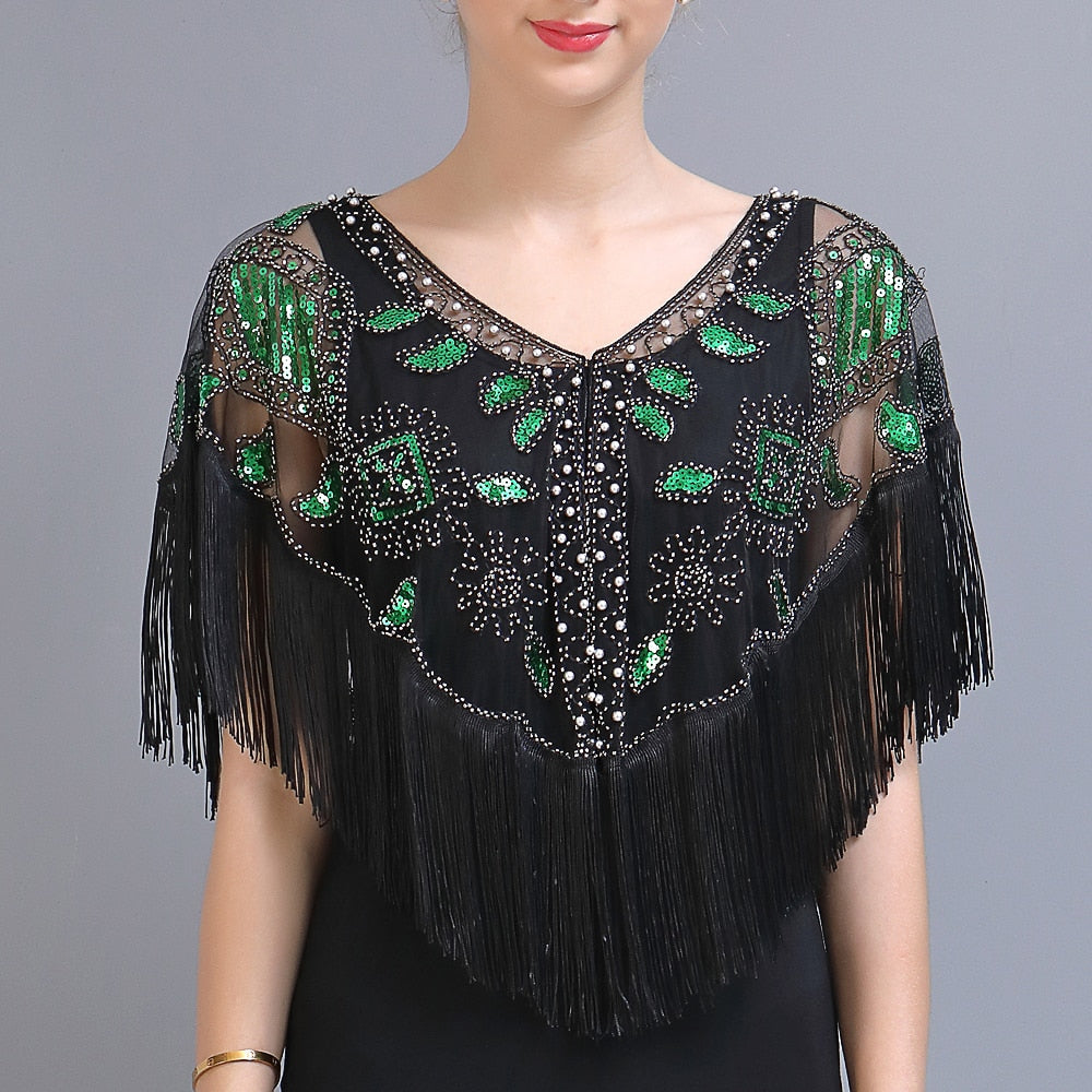 Women 1920s Sequined Shawl with Tassels Beaded Pearl Fringe Sheer Mesh Wraps