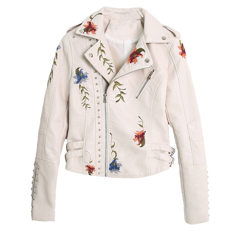 Floral Print Embroidery Faux Soft Leather Jacket Coat  Turn-down Collar Casual Pu Motorcycle Black