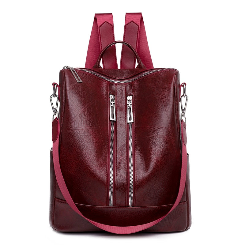 Leather Travel Rucksack Female Shoulder Book Bag multifunction Backbag