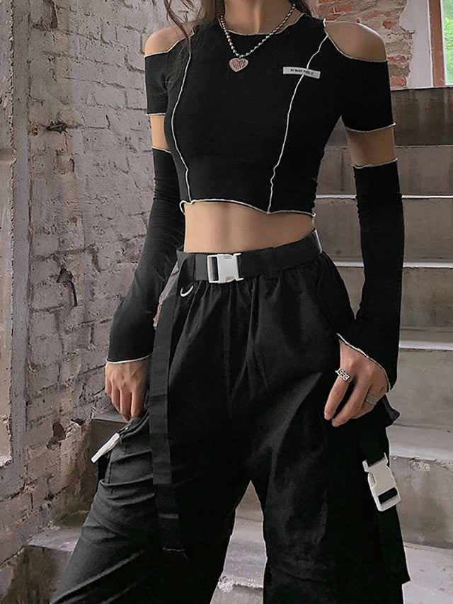 Goth Dark E-girl Style Patchwork Black T-shirts Gothic Open Shoulder Sleeve