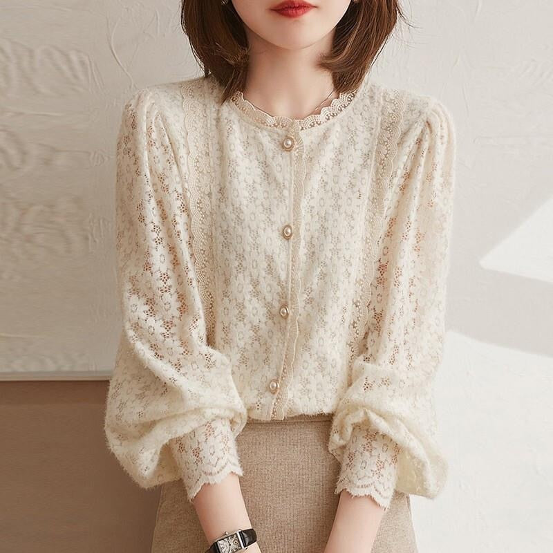 Women Lace Blouses Tops Lady Casual Long Lantern Sleeve Stand Collar Blusas Tops