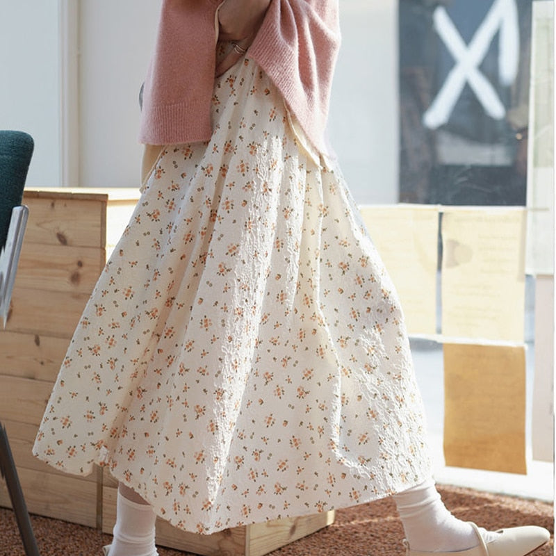 Relief Sculpture Floral Mid-length Elastic Waist Printing A-line Skirts