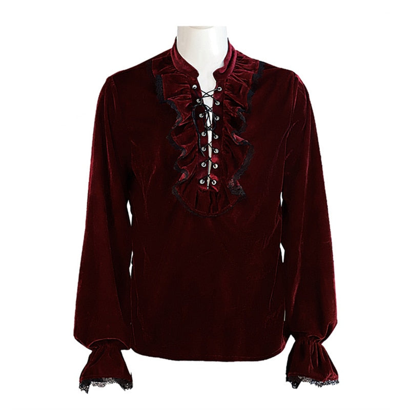 Lace Up Ruffle Stand Collar Long Sleeve Steampunk Victorian Shirt Gothic Vintage