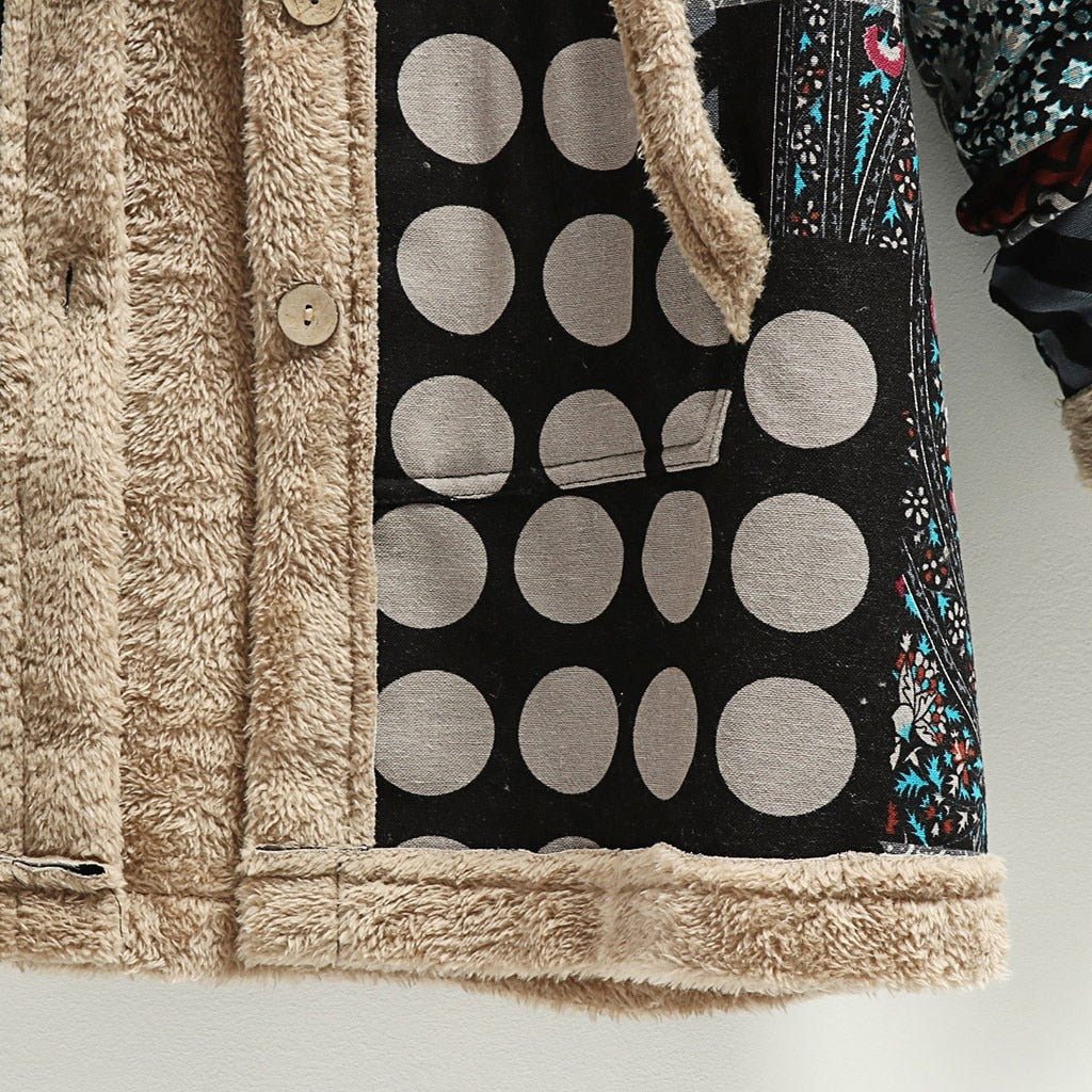 Winter female warm coat print thick fleece hooded long Coat with pocket