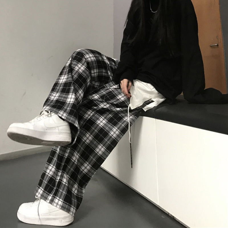 Plaid Pants Women Summer Casual Wide Leg Trousers Teens Hip Hop Unisex Loose Straight Pants