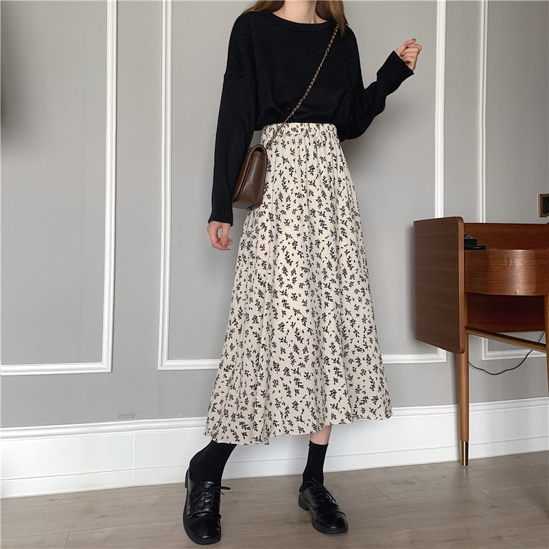 Floral Print A-line Pleated Skirts Summer Women Drawstring Elastic Waist Skirt
