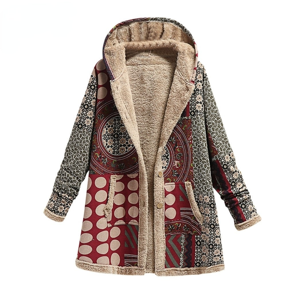 Winter female warm coat print thick fleece hooded long Coat with pocket