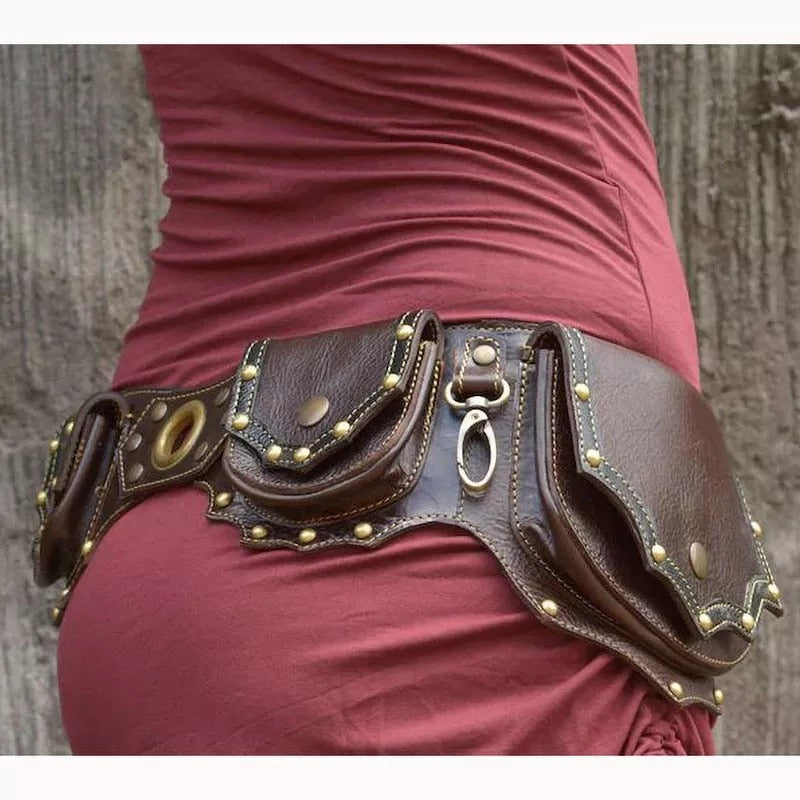 Medieval Steampunk PU Leather Utility Belt Vintage Hip Bag Pocket Women Fanny Pack Viking Knight Festival Waist Wallet