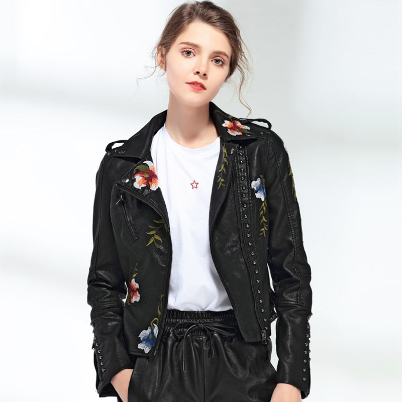 Floral Print Embroidery Faux Soft Leather Jacket Coat  Turn-down Collar Casual Pu Motorcycle Black