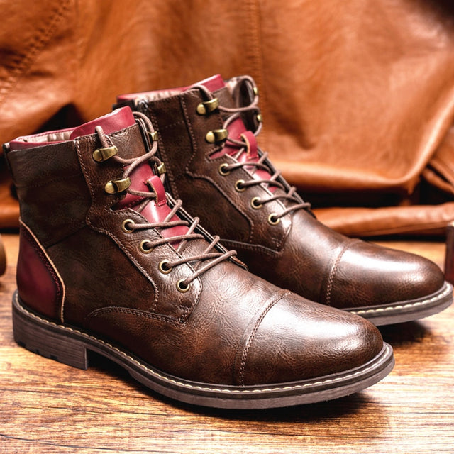 Retro Style Solid Leather Ankle Boots Side Zip Lace Up Round Head