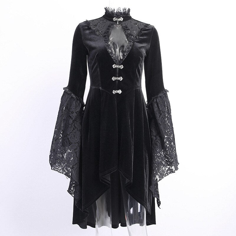 Gothic Black Lace Cutout Lantern Sleeve Stand Collar Exquisite Buttons A-line Silhouette