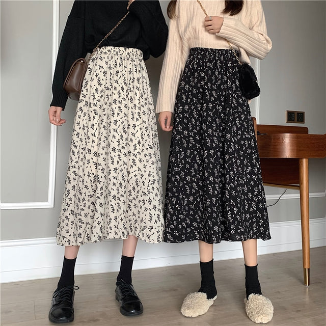 Floral Print A-line Pleated Skirts Summer Women Drawstring Elastic Waist Skirt
