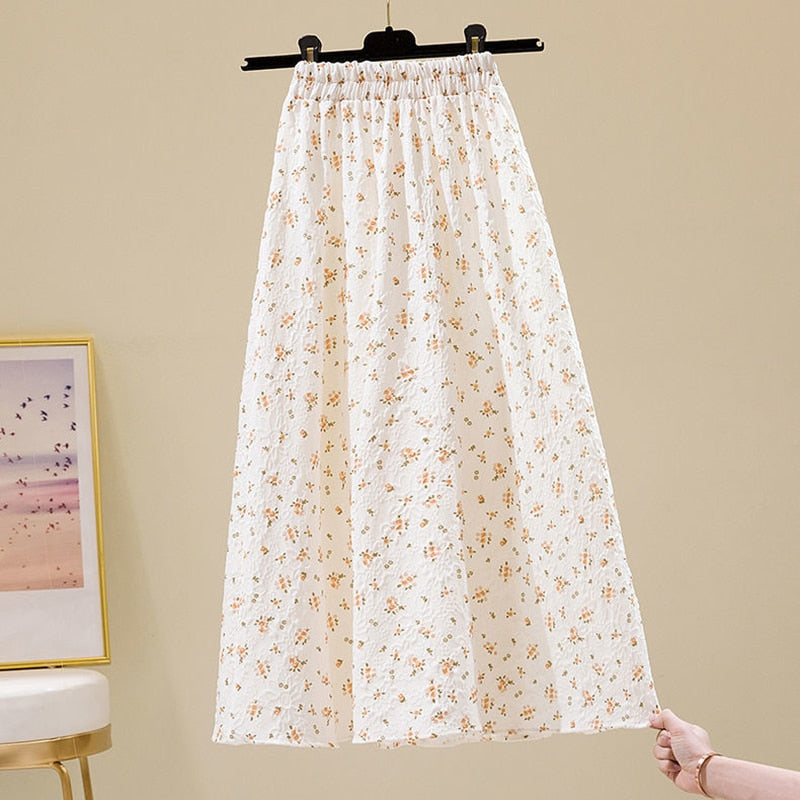 Relief Sculpture Floral Mid-length Elastic Waist Printing A-line Skirts