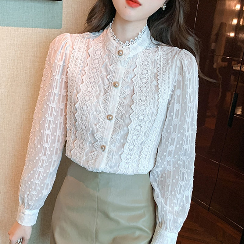 Women White Lace Blouse Shirt Women Tops Long Sleeve Blouse
