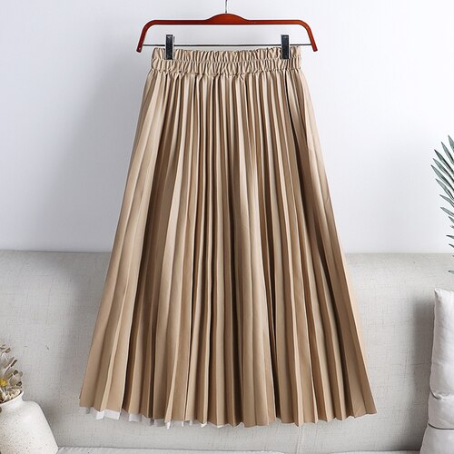 Elegant Umbrella Midi Skirt Faux PU Leather Pleated Skirts