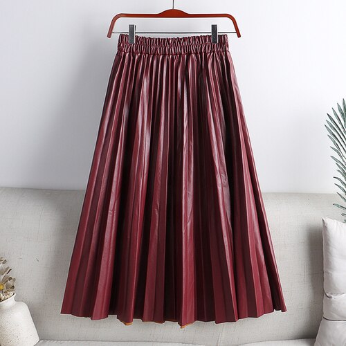 Elegant Umbrella Midi Skirt Faux PU Leather Pleated Skirts