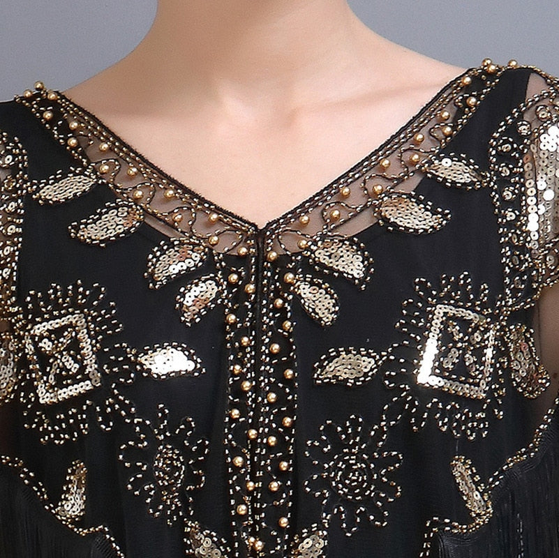 Women 1920s Sequined Shawl with Tassels Beaded Pearl Fringe Sheer Mesh Wraps