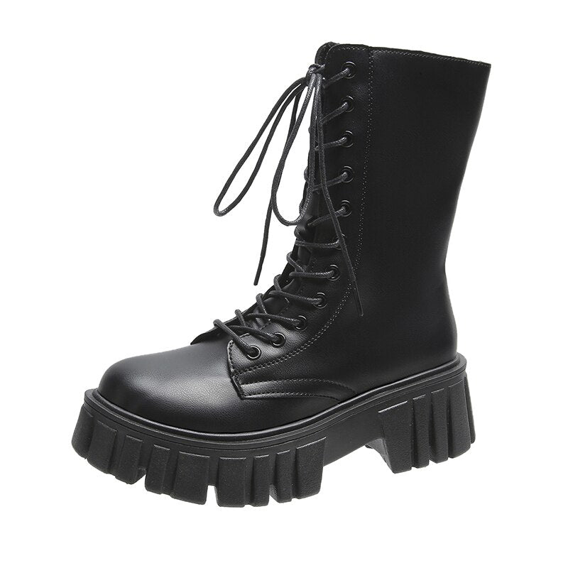 Women's Leather Boots Platform Gothic Shoes Short Punk Motorcycle Combat Boots