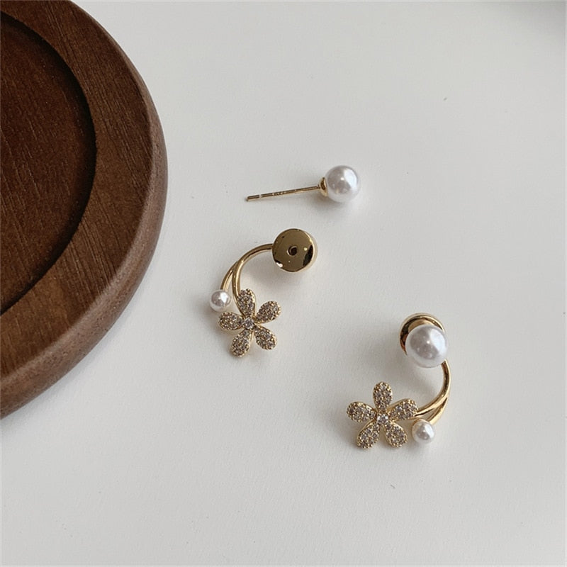 Korean Light Luxury Imitation Pearl Flower Pendant Crystal Earrings