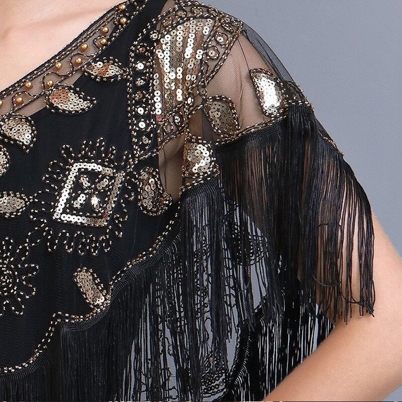 Women 1920s Sequined Shawl with Tassels Beaded Pearl Fringe Sheer Mesh Wraps