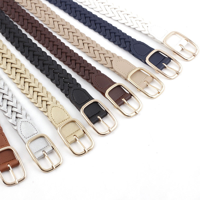 Women PU Leather Braided Belt Golden Square Pin Buckle Belt New Fashion Causal Jeans Dress Waistband 2.3cm Thin Belt