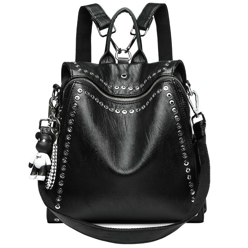 Punk Style Black Fashion Backpack Soft PU Leather Rivet Backpacks Wome
