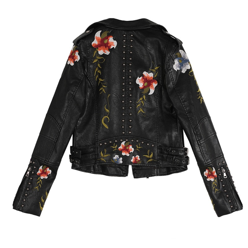 Floral Print Embroidery Faux Soft Leather Jacket Coat  Turn-down Collar Casual Pu Motorcycle Black