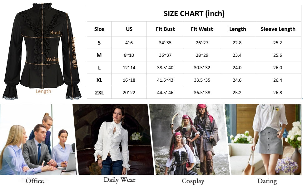 Women's Victorian Blouse Vintage Lotus Ruffled Shirt Renaissance Shirt With Tie Long Lantern Sleeves Button-up