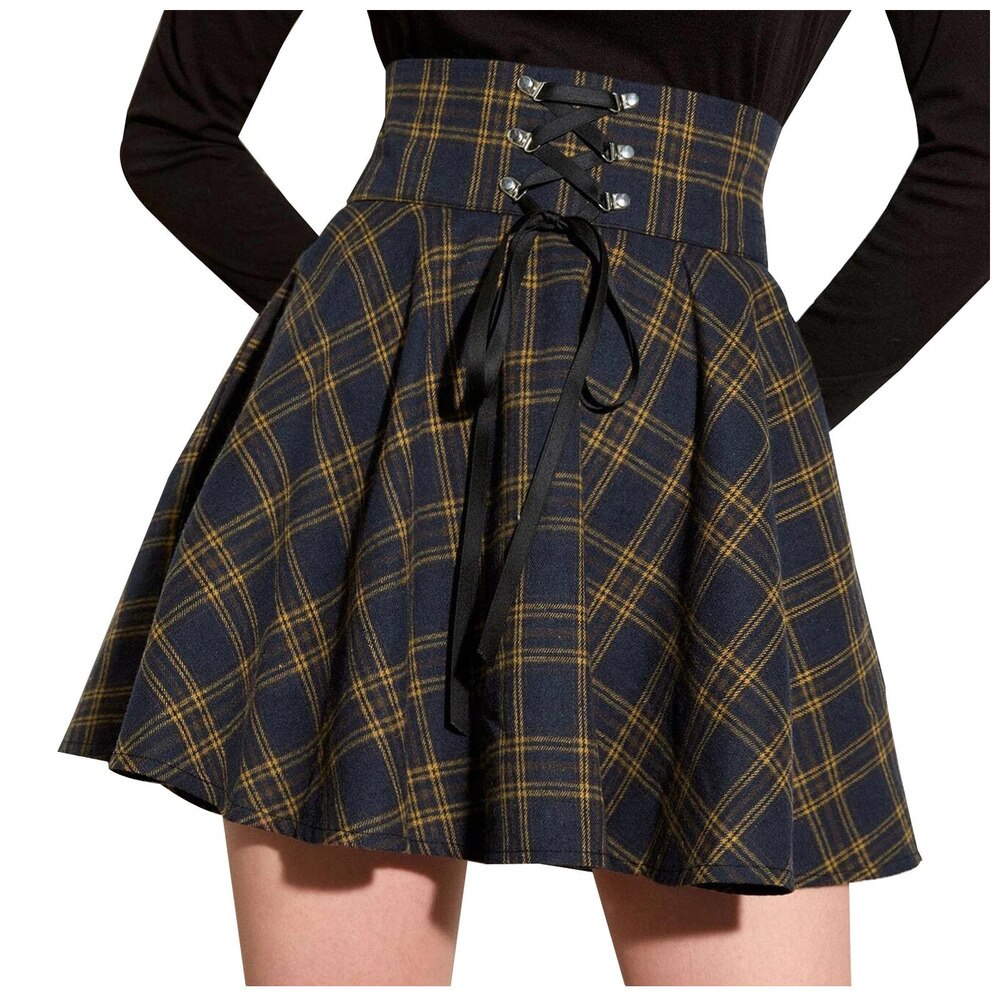 Vintage Pleated Skirt Mini Skirts Retro Grunge Ladies Plaid Lace Up Skirt E Girl Punk Skater