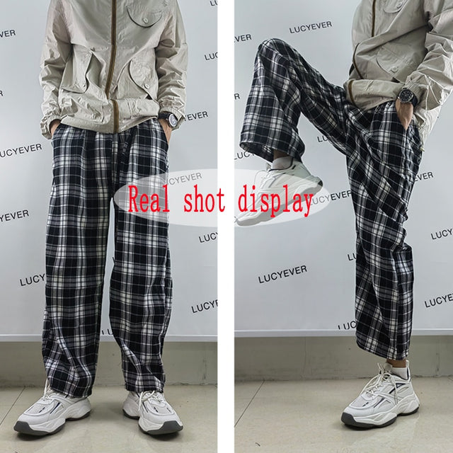 Plaid Pants Women Summer Casual Wide Leg Trousers Teens Hip Hop Unisex Loose Straight Pants