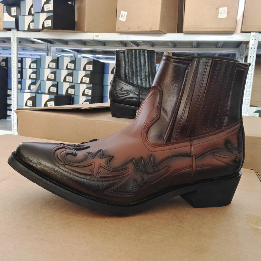 Unisex Pu Leather Boots Western Cowboy Boots Embroidery Design Pointed Shoes Ankle Boots