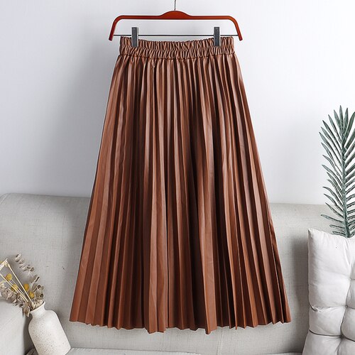 Elegant Umbrella Midi Skirt Faux PU Leather Pleated Skirts