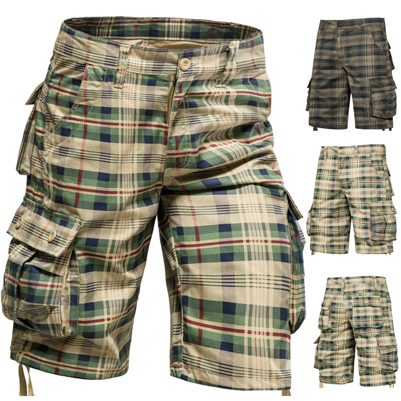 Summer Cotton Comfortable Plaid Outdoor Sports Beach Cargo  Pants Shorts Loose