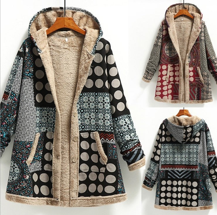 Winter female warm coat print thick fleece hooded long Coat with pocket