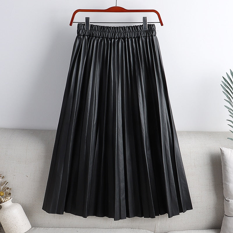 Elegant Umbrella Midi Skirt Faux PU Leather Pleated Skirts