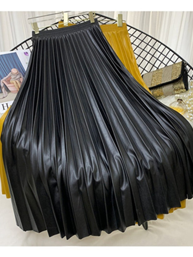 Elegant Umbrella Midi Skirt Faux PU Leather Pleated Skirts