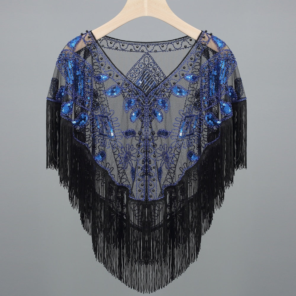 Women 1920s Sequined Shawl with Tassels Beaded Pearl Fringe Sheer Mesh Wraps