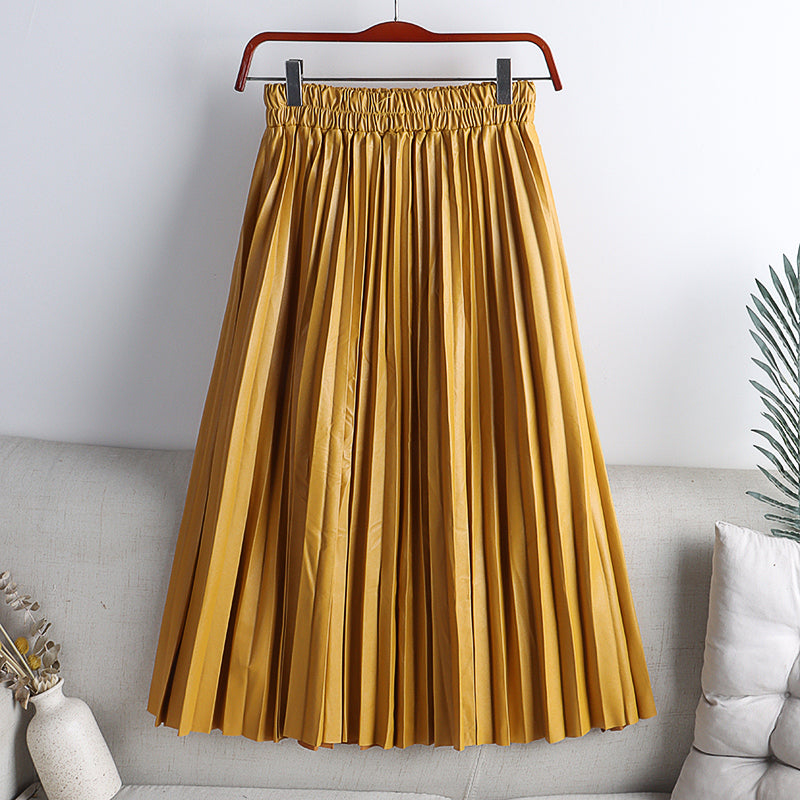 Elegant Umbrella Midi Skirt Faux PU Leather Pleated Skirts