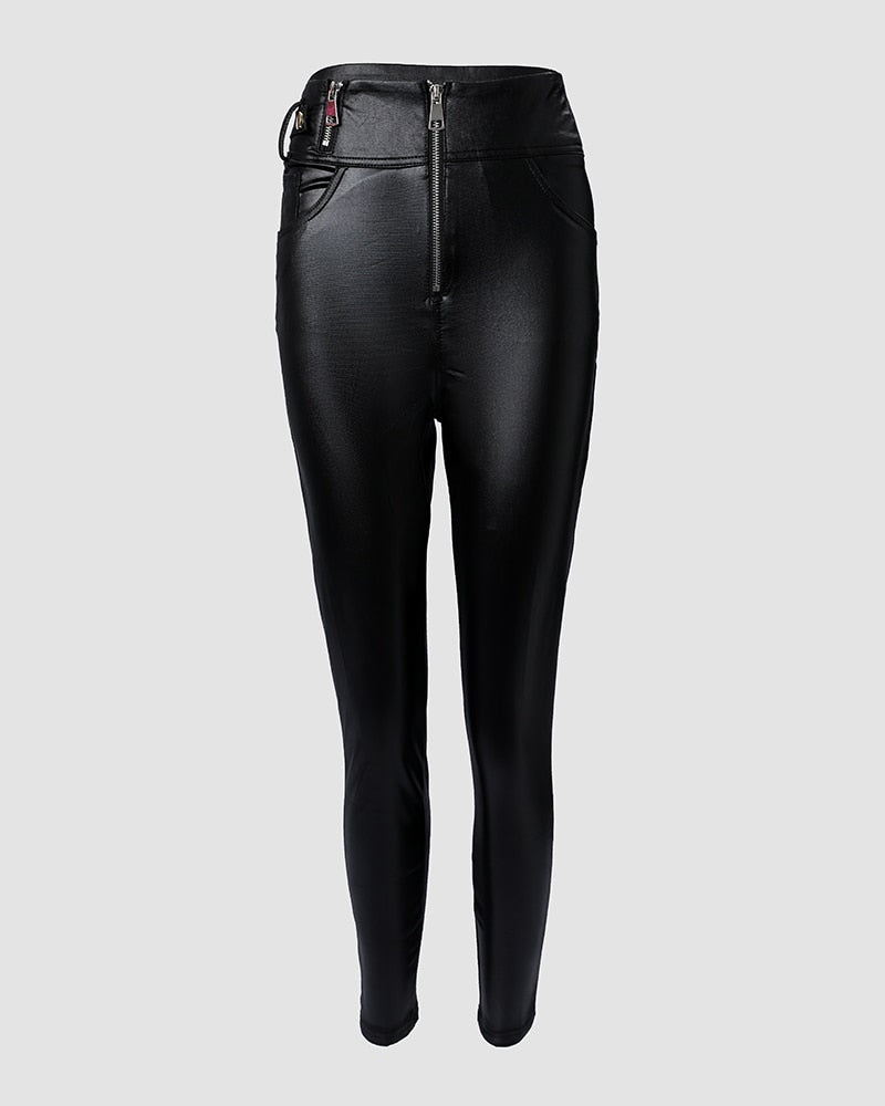 Women's Pu Leather Pants Zipper Casual Fashion Long High Waist Pocket Slim Black Pencil Pants