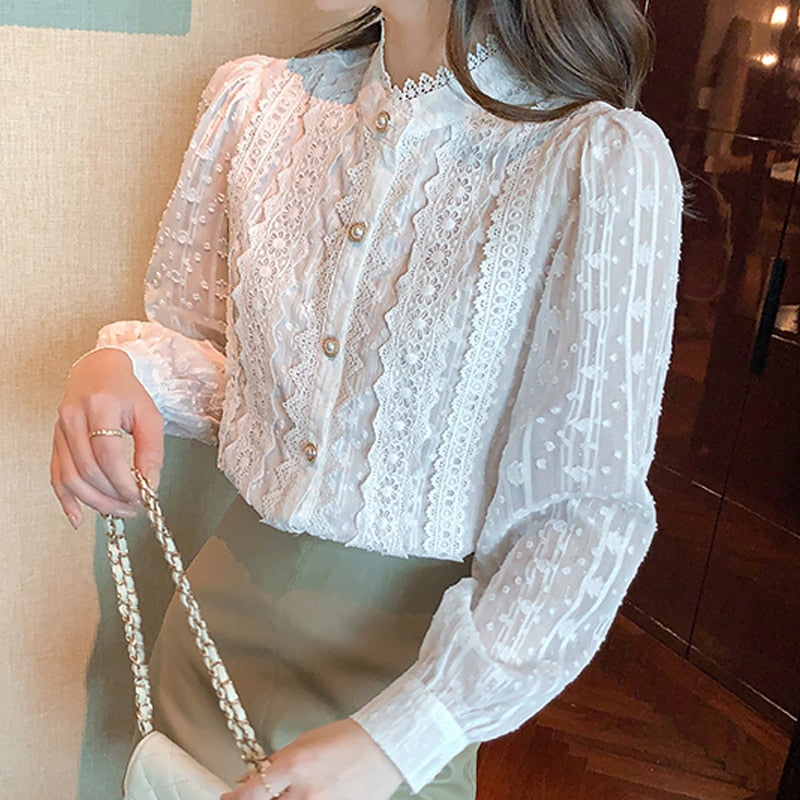 Women White Lace Blouse Shirt Women Tops Long Sleeve Blouse
