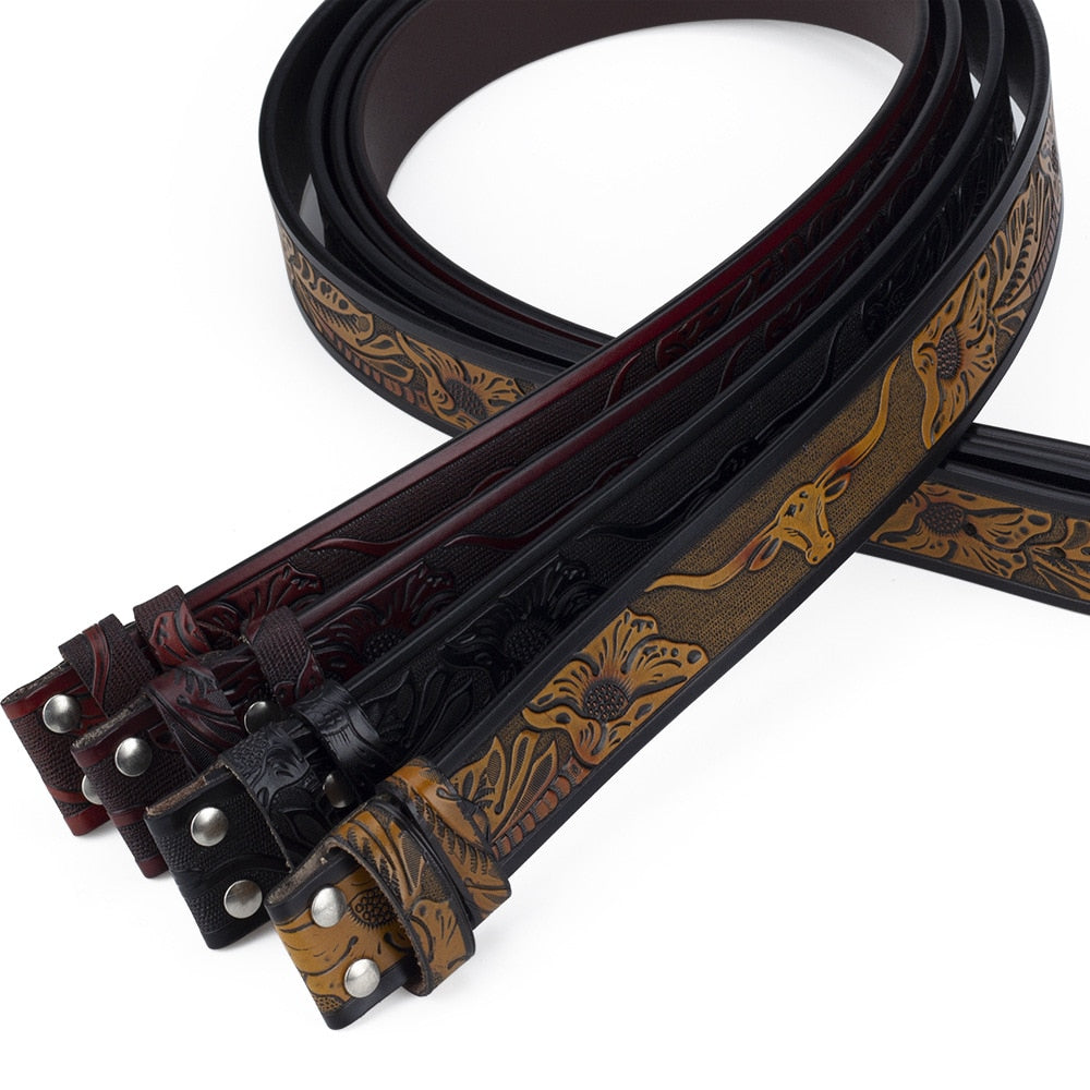 Genuine Leather Belt for Man No Buckle 3.8cm width Cowskin Tang Grass Cow Eagle Pattern Western Cowboy Belt