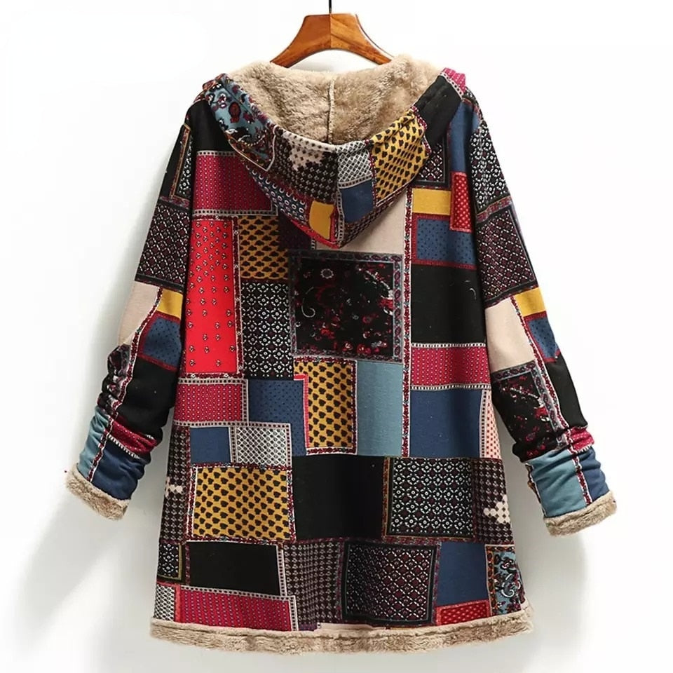 Winter female warm coat print thick fleece hooded long Coat with pocket